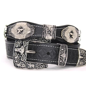 Black Western Concho Belt: Longhorn Star Cowboy Rodeo Belt