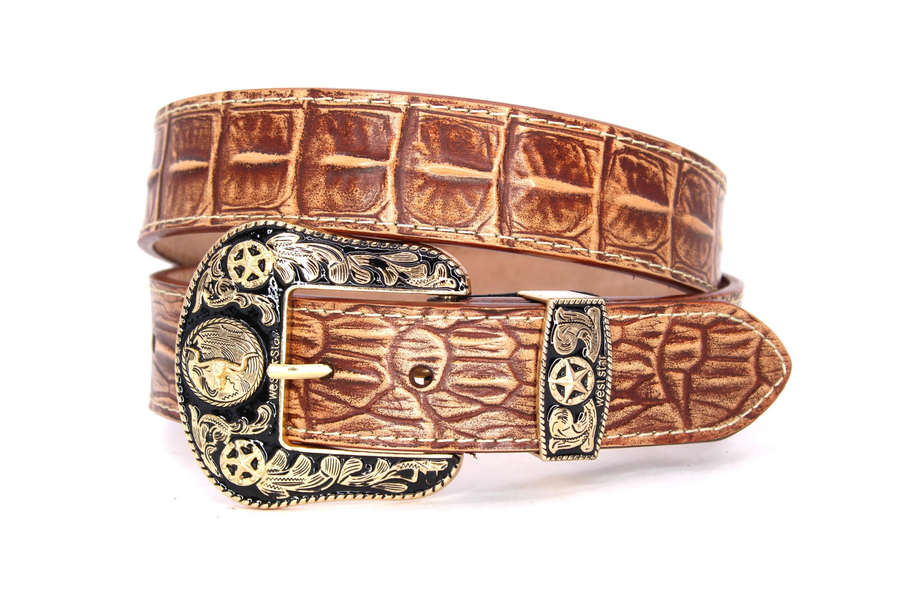 Vintage St. Maarten Dallas Brown Croc Embossed Gold Statement Belt Vintage ST MAARTEN Dallas Belt WHITE Leather Gold Accents | eBay main image 4