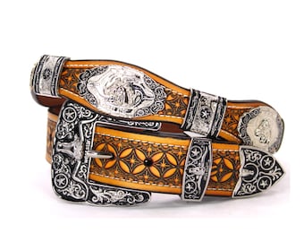 Brown Leather Western Belt: Concho Cowboy Rodeo Horse Head  display picture 1