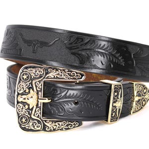 Western Belt Genuine Leather Gold Bull Buckle Longhorn Horse Bull Rider Cowboy Prayer Rooster Star Black Coffee Belt Floral Pants Size 28-46