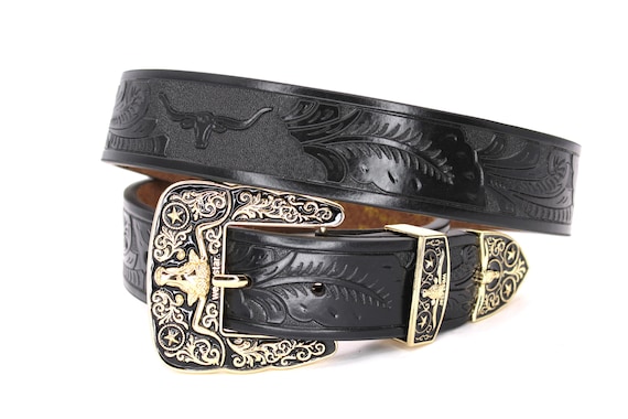 Western Leather Belt: Gold Bull Buckle, Floral Embossed  display picture 3