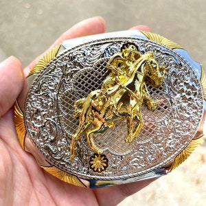 Western Cowboy Belt Buckle: Gold & Silver Horse Rider, Anti Rust Zinc Alloy