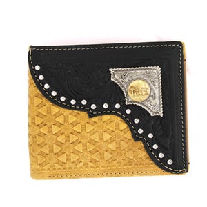Cartera corta de cuero genuino West Star Texas con tachuelas, caja de regalo, billetera de cuero plegable estilo occidental con tejido en relieve y tachuelas, oración de vaquero