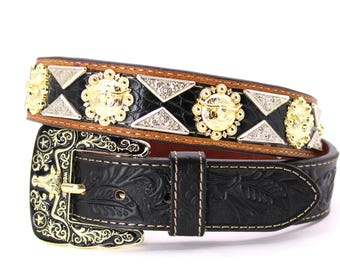 Western Leather Belt: Black, Gold, Silver Conchos, Longhorn Buckle (Size 32-36)