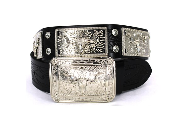 West Star Texas Leather Belt: Black Western Belt With Silver  display picture 3