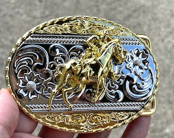 Western Gold & Silver Horse Rider Belt Buckle - Rodeo Cowboy