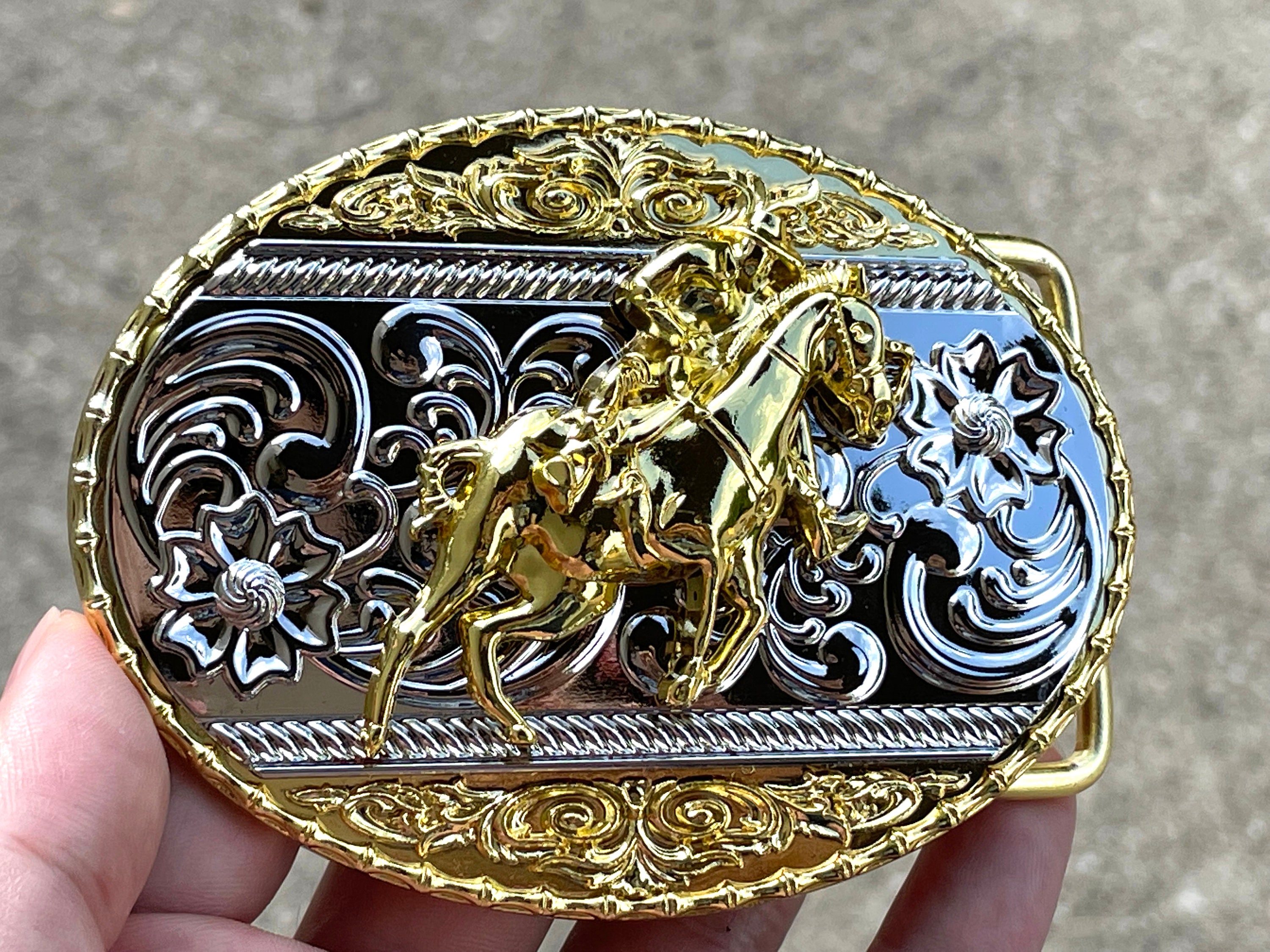 Western Gold & Silver Horse Rider Belt Buckle - Rodeo Cowboy