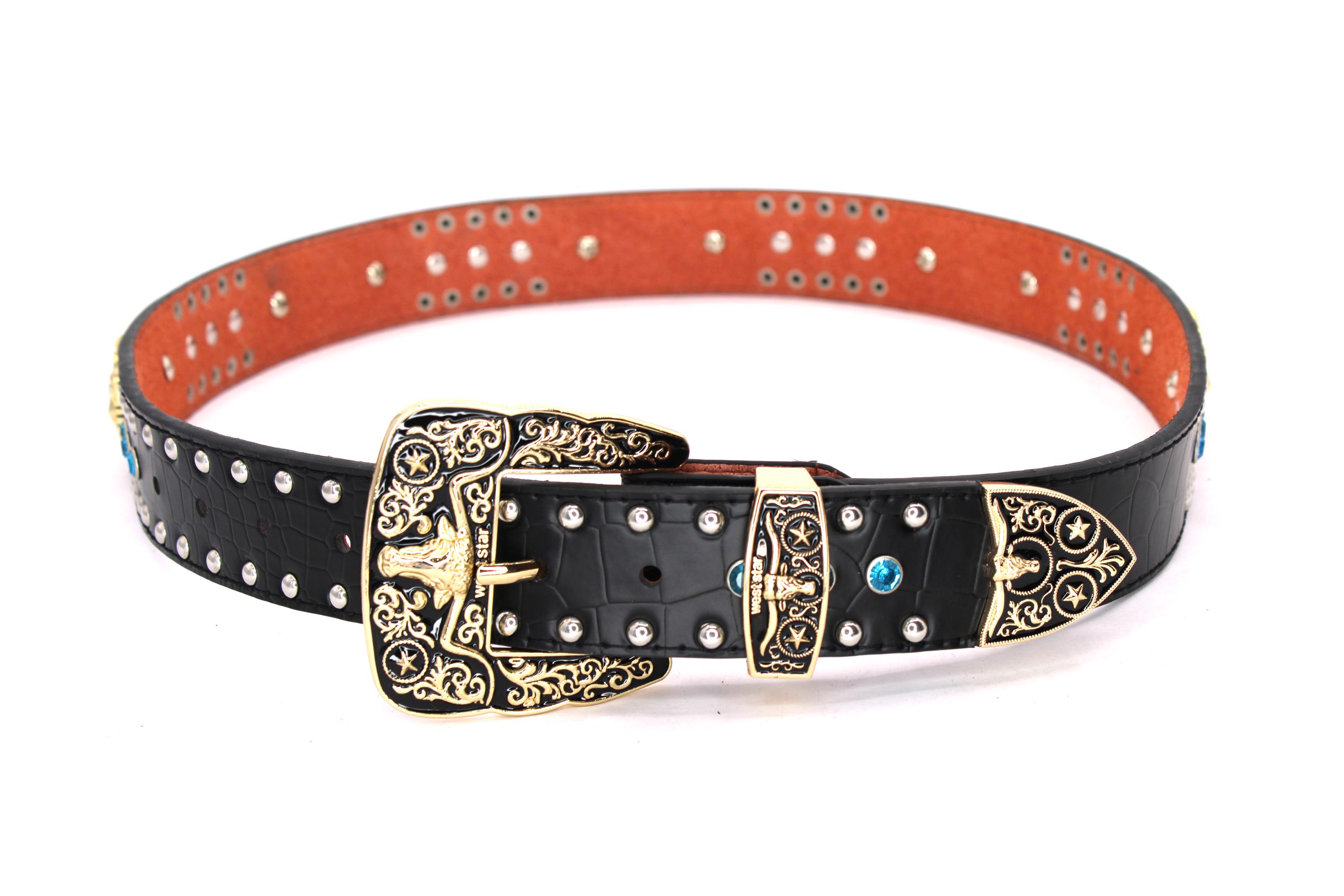 Western Belt Gold Longhorn Buckle With Studs & Rhinestones 