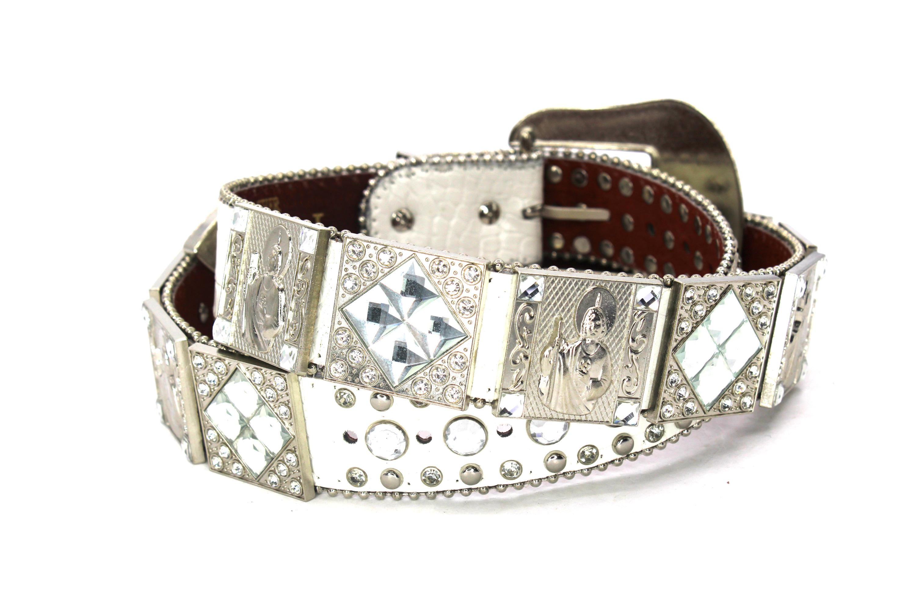 Rhinestone Cowboy Belt: White Leather, Jesus & Longhorn 