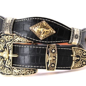 Westerngürtel Goldene Longhorn Schnalle mit Silber Concho Krokodil Muster Hose Größe 28-40