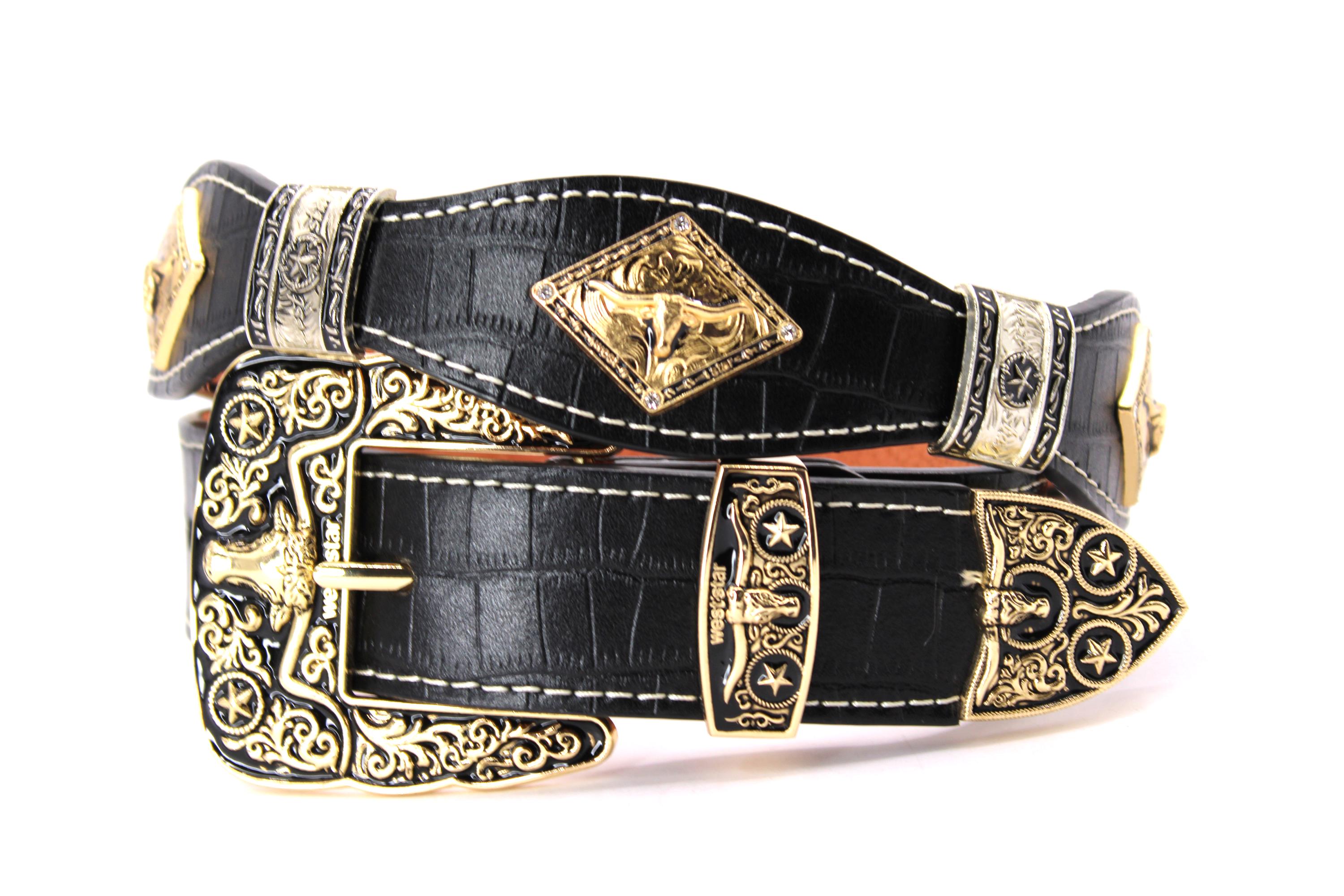 Western Leather Belt: Gold Longhorn Buckle, Rhinestone Conchos, Size 30