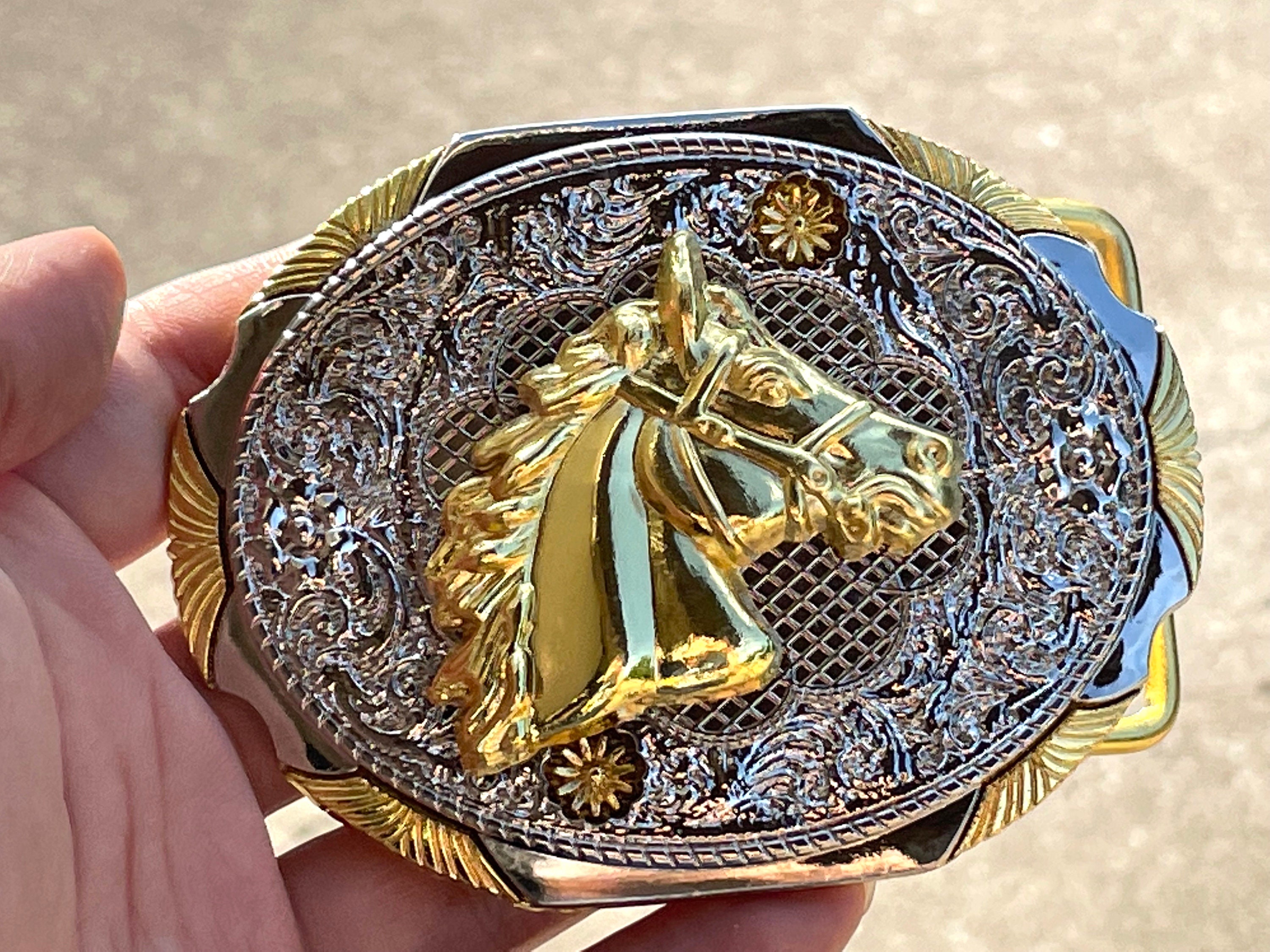 Western Rodeo Horse equestrian belt buckle Silver Or Gold Amazon.com: Trade Winds Gold and Silver Horse Stallion  main image 4