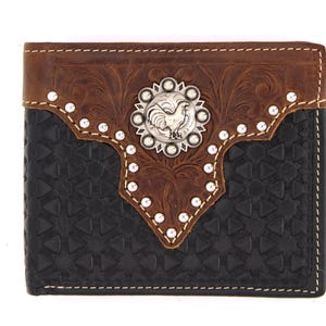 Cartera corta de cuero genuino West Star Texas de color negro con tachuelas en caja de regalo - Cartera de cuero plegable estilo vaquero occidental con tejido en relieve y gallo concho