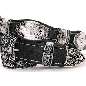 Black Leather Western Belt: Longhorn Concho Cowboy Style