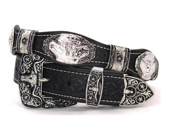 Black Leather Western Belt: Longhorn Concho Cowboy Style