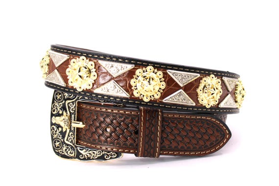 Artisan GOLD Woven LEATHER Belt With RHINESTONE Concho BUCKLE One-Size Womens Leather Western Concho Belt - Etsy main image 3
