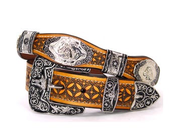 Brown Leather Western Belt: Cowboy Conchos, Horses Style