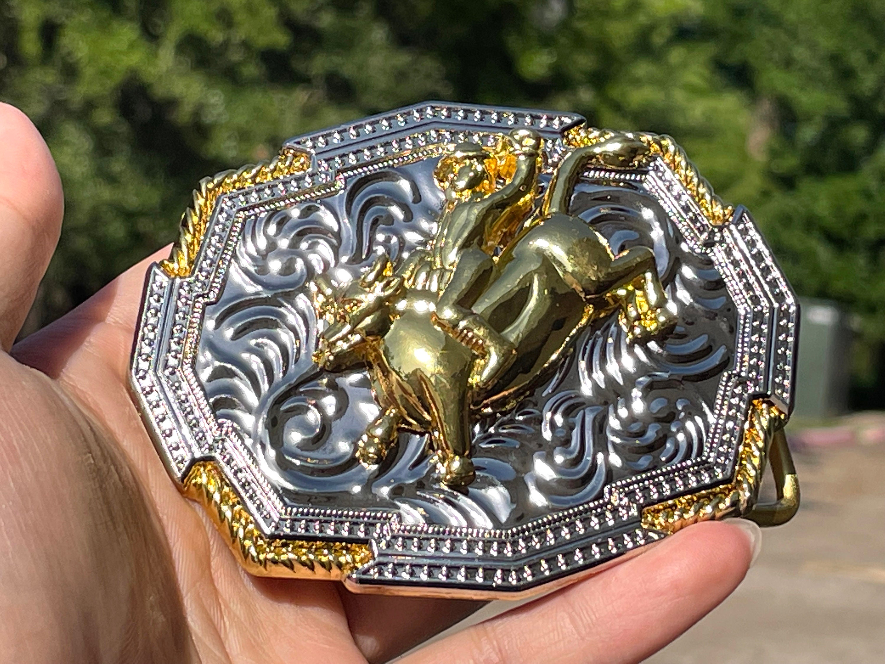 Western Rodeo Horse equestrian belt buckle Silver Or Gold Amazon.com: Trade Winds Gold and Silver Horse Stallion  main image 2
