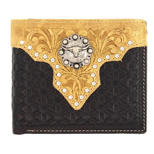 Cartera corta de cuero genuino West Star Texas con tachuelas en color café, caja de regalo - Cartera de cuero plegable estilo occidental con tejido en relieve Longhorn Concho