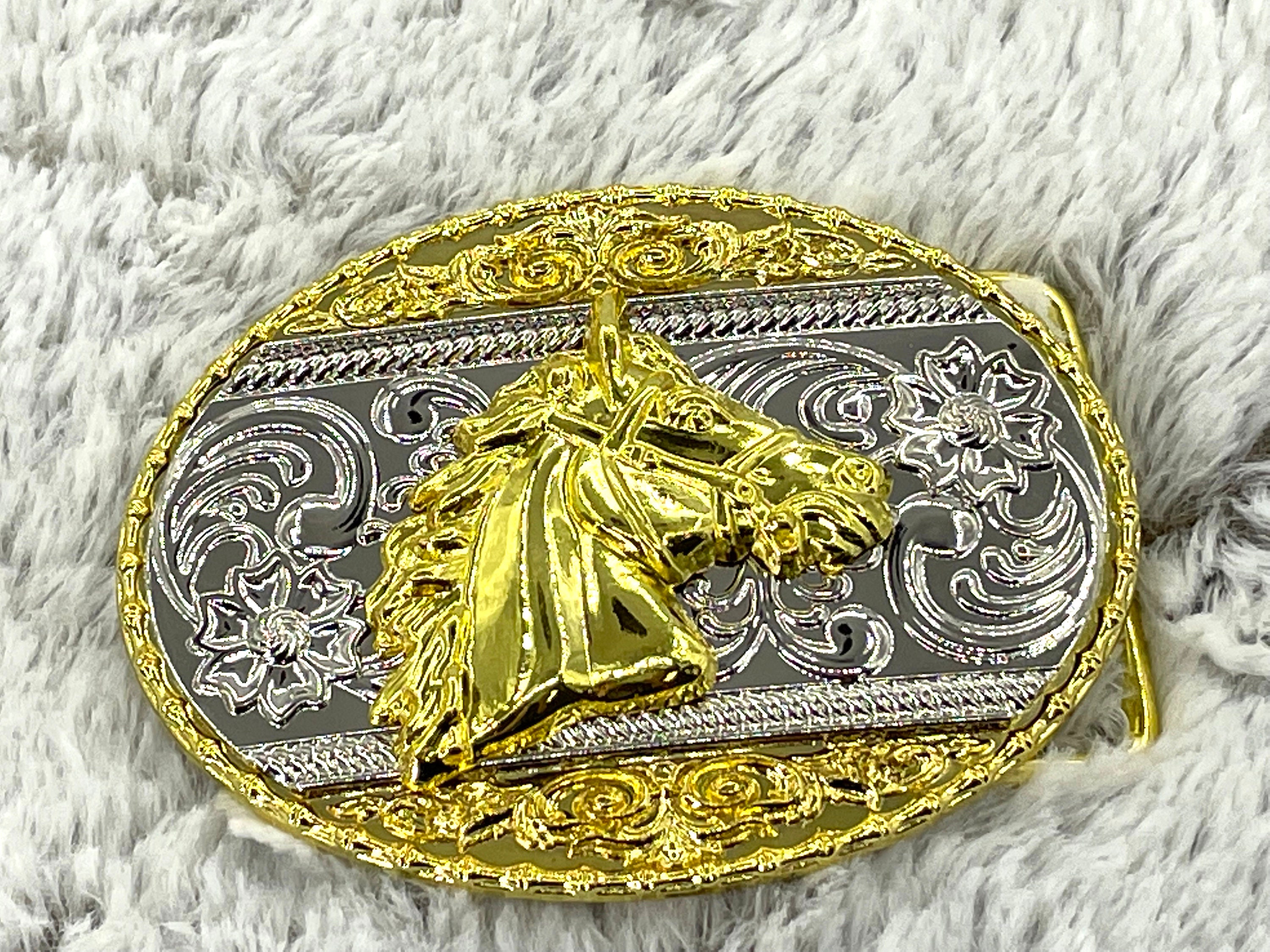 Western Gold & Silver Horse Buckle: Rodeo Cowboy Belt Buckle
