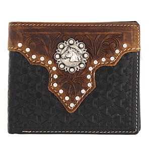 Cartera corta de cuero genuino West Star Texas de color negro con tachuelas en caja de regalo - Cartera de cuero plegable estilo vaquero occidental con tejido en relieve y concho de caballo