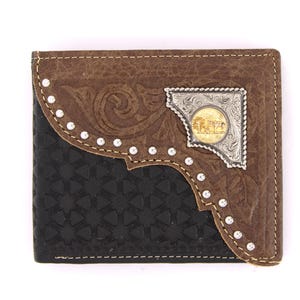 Cartera corta de cuero genuino West Star Texas de color negro con tachuelas en caja de regalo - Cartera de cuero plegable estilo occidental con tejido en relieve y concho de oración de vaquero