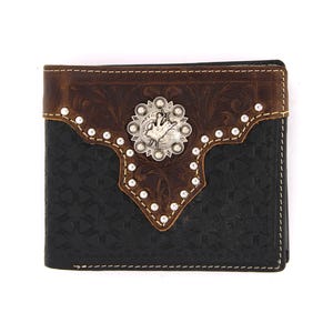 Cartera corta de cuero genuino West Star Texas de color negro con tachuelas en caja de regalo - Cartera de cuero plegable estilo vaquero occidental con tejido en relieve y diseño de jinete de toro