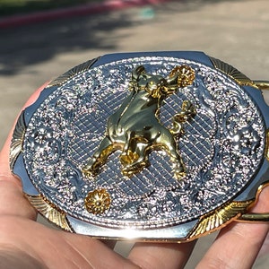 Western Gold Silver Buckle Rodeo Cowboy 2'' 1.5'' Bison Cow Bull Buffalo Strong Texas Anti Rust Zinc Alloy