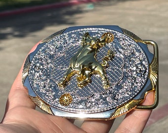 Western Rodeo Belt Buckle: Gold & Silver Bull Bison, Texas Cowboy Style