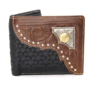 Cartera corta de cuero genuino West Star Texas con tachuelas, caja de regalo: cartera de cuero plegable estilo occidental con tejido en relieve y tachuelas Longhorn