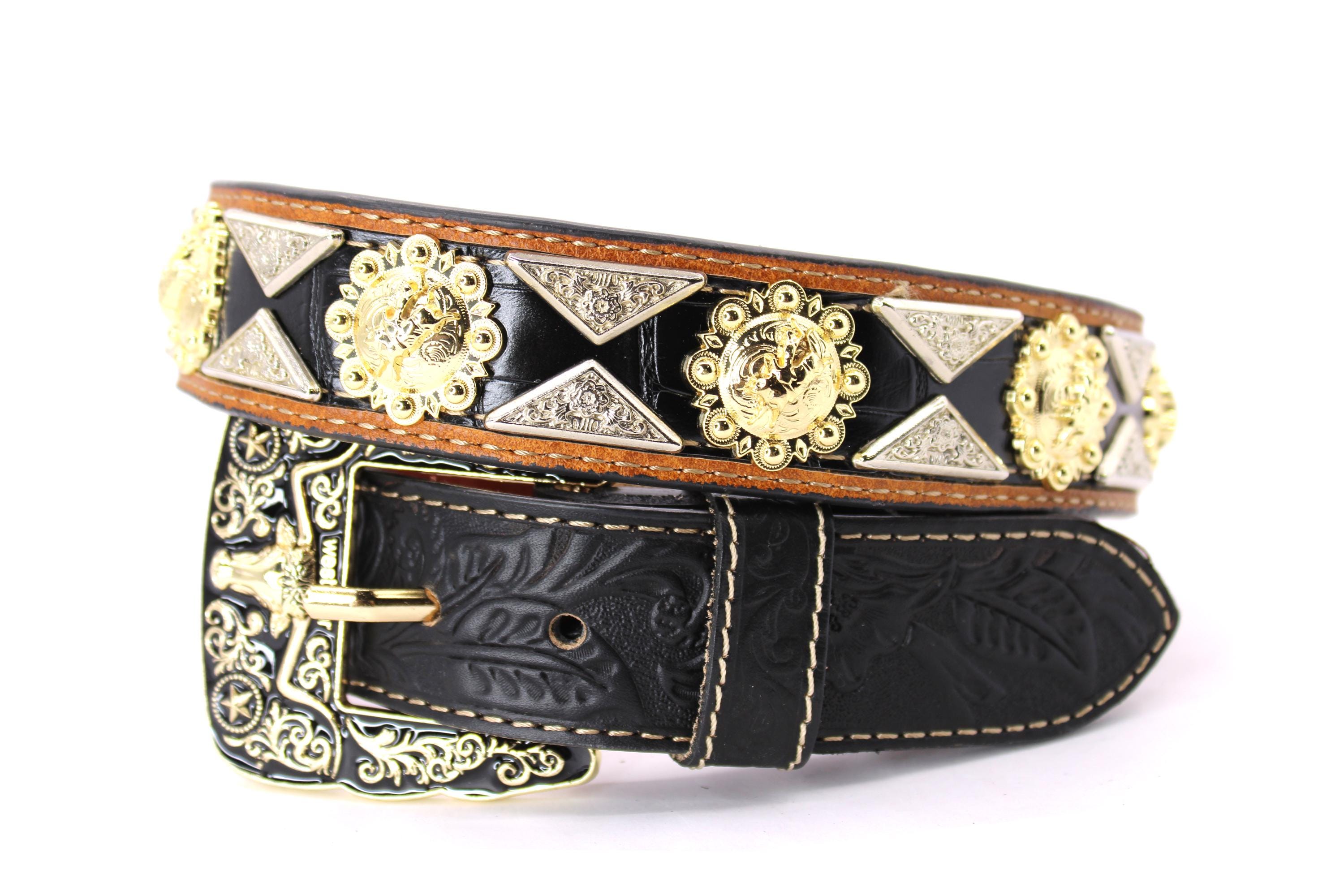 Western Leather Belt: Black & Gold Silver Concho Embellished