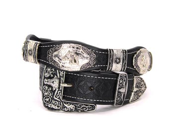 Black Leather Western Belt: Silver Conchos Cowboy Style