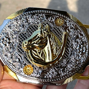 Western Horse Buckle: Gold & Silver Rodeo Cowboy Belt Buckle