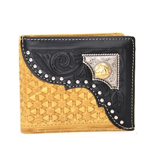 Cartera corta de cuero genuino marrón West Star Texas con tachuelas en caja de regalo - Cartera de cuero plegable estilo occidental con cabeza de caballo en relieve