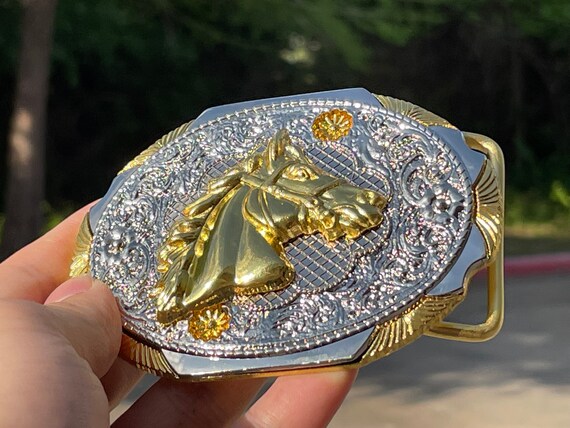 Western Horse Head Belt Buckle: Gold & Silver Rodeo Cowboy  display picture 3