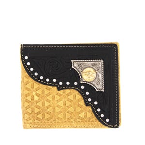 Cartera corta de cuero genuino West Star Texas con tachuelas, caja de regalo: billetera de cuero plegable estilo occidental con patrón de tejido en relieve y tachuelas Longhorn