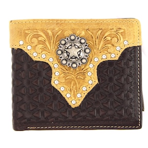 Cartera corta de cuero genuino West Star Texas Coffee con tachuelas en caja de regalo - Cartera de cuero plegable estilo occidental con tejido en relieve y concho de estrella