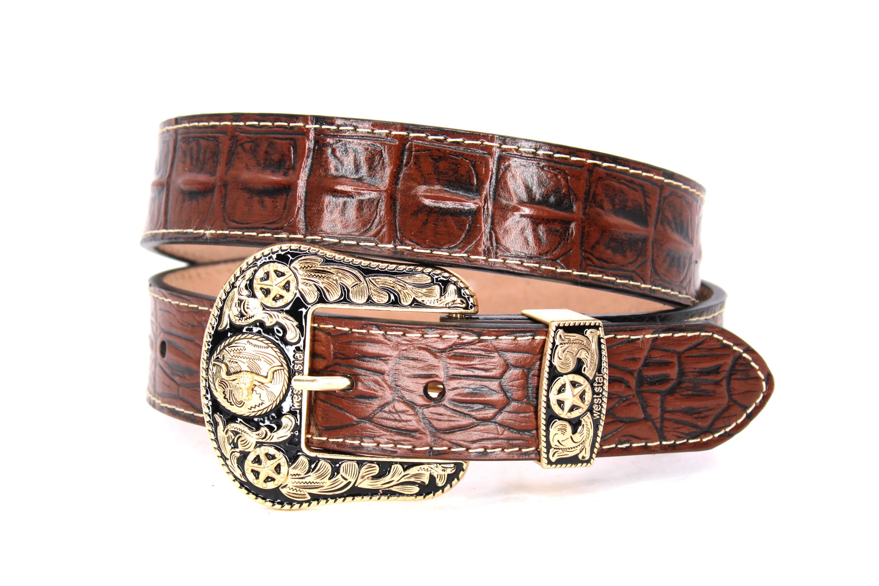 Western Leather Belt Gold Cowboy Longhorn Rodeo Buckle  display picture 2