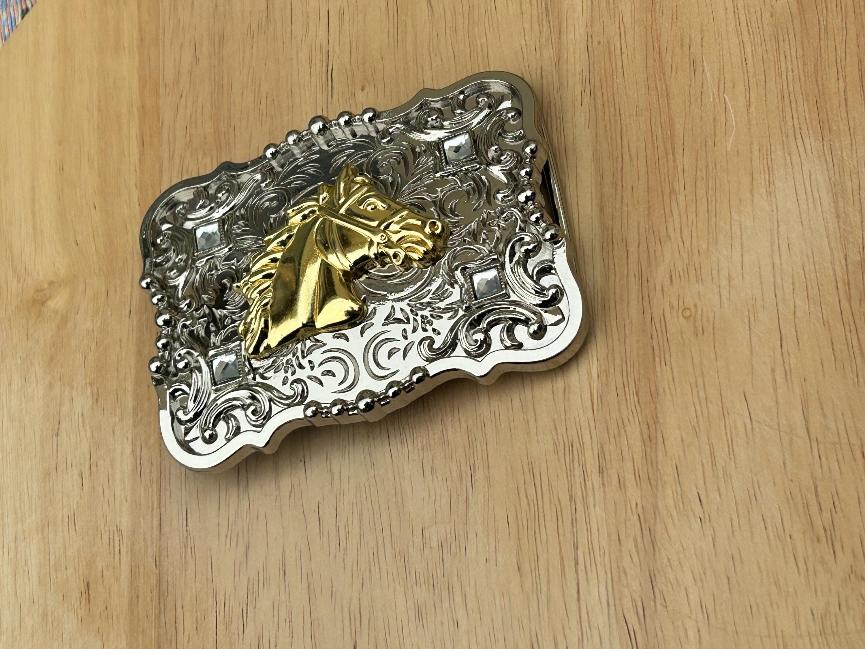 Western Horse Head Belt Buckle: Silver & Gold Rodeo Cowboy  display picture 2