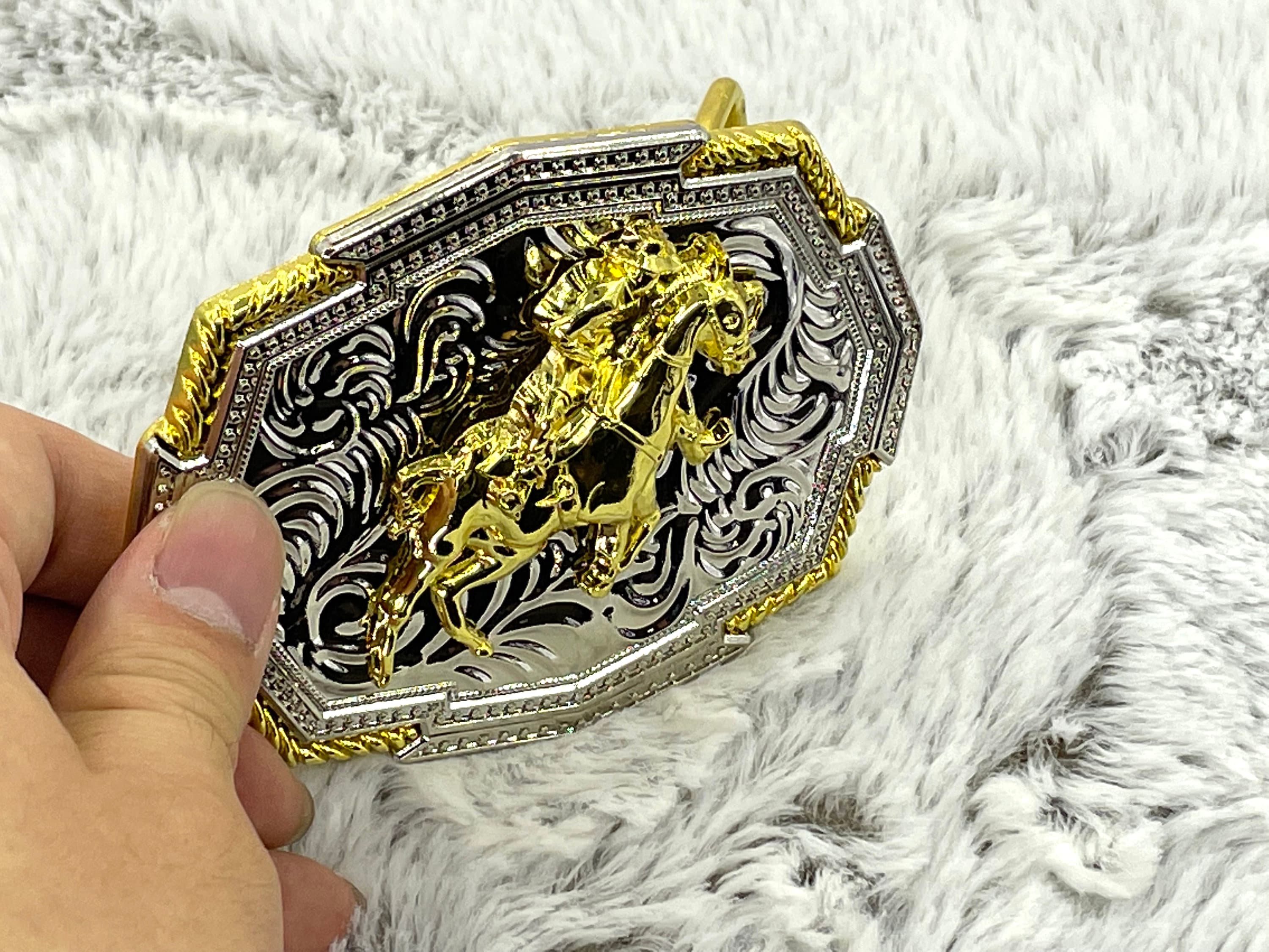 Western Cowboy Gürtelschnalle: Gold & Silber Pferdekopf, Anti-Rost Zink Legierung