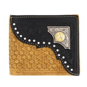 Cartera corta de cuero genuino West Star Texas marrón con tachuelas en caja de regalo - Cartera de cuero plegable estilo occidental con tejido en relieve y concho de estrella