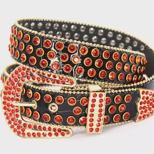 Rhinestone Western Belt: Gold Buckle, Red Stone - Genuine Leather