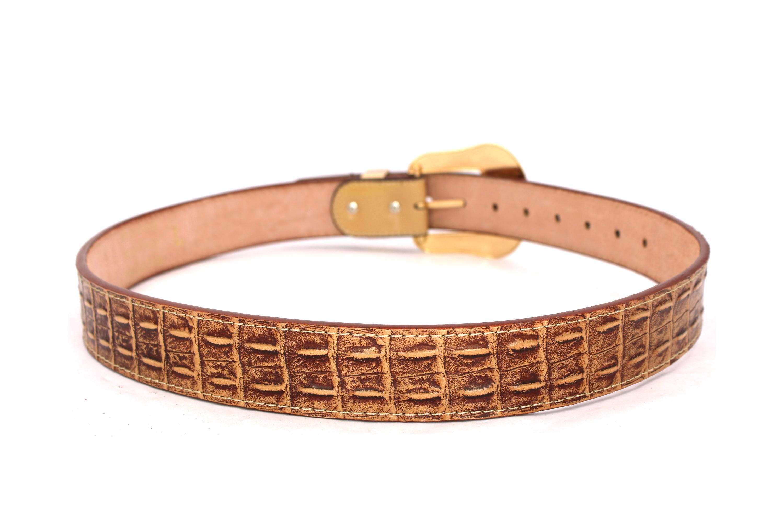 Western Belt: Genuine Leather Crocodile Embossed, Gold Bull 