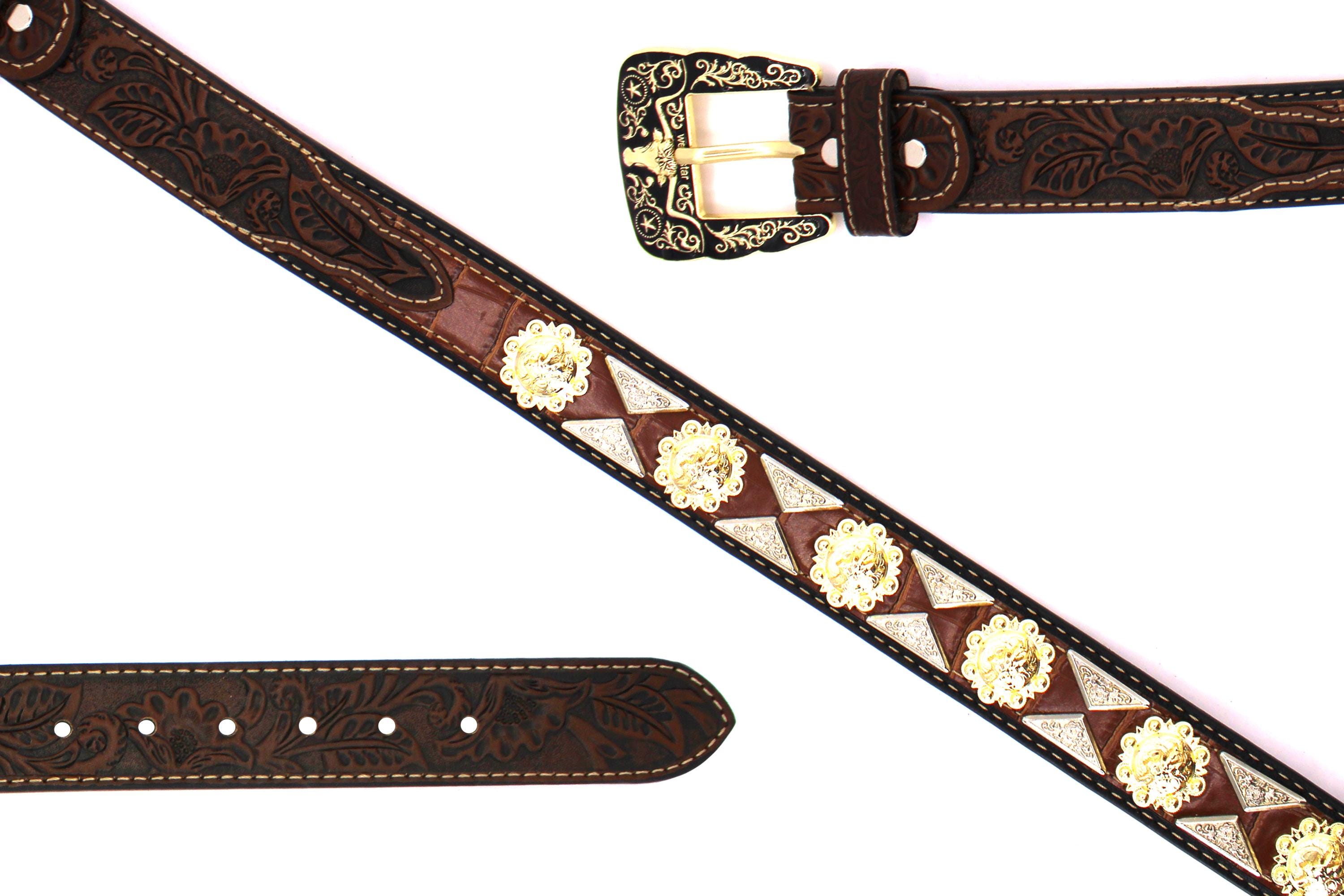 Vtg Studded Silver Gold Toned Conchos Western Leather Belt SZ S/M Ornate Buckle Concho Belt- #G608 Bronze Gold Western Concho Belt  main image 4