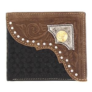West Star Texas Genuine Black Leather Short Wallet Studs Gift Box -Western Cowboy Style Bi-Fold Leather Wallet Embossed Weave Rooster Concho