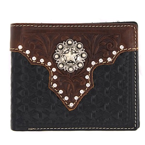 Cartera corta de cuero genuino West Star Texas de color negro con tachuelas y caja de regalo - Cartera de cuero plegable Western Cowboy con tejido en relieve y concho de estrella