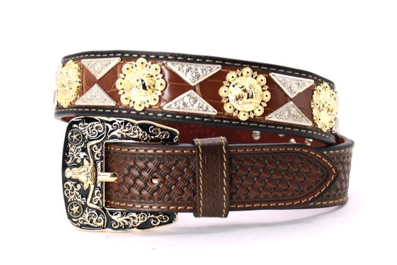 Western Leather Belt: Cowboy Style, Gold & Silver Conchos - Etsy display picture 1