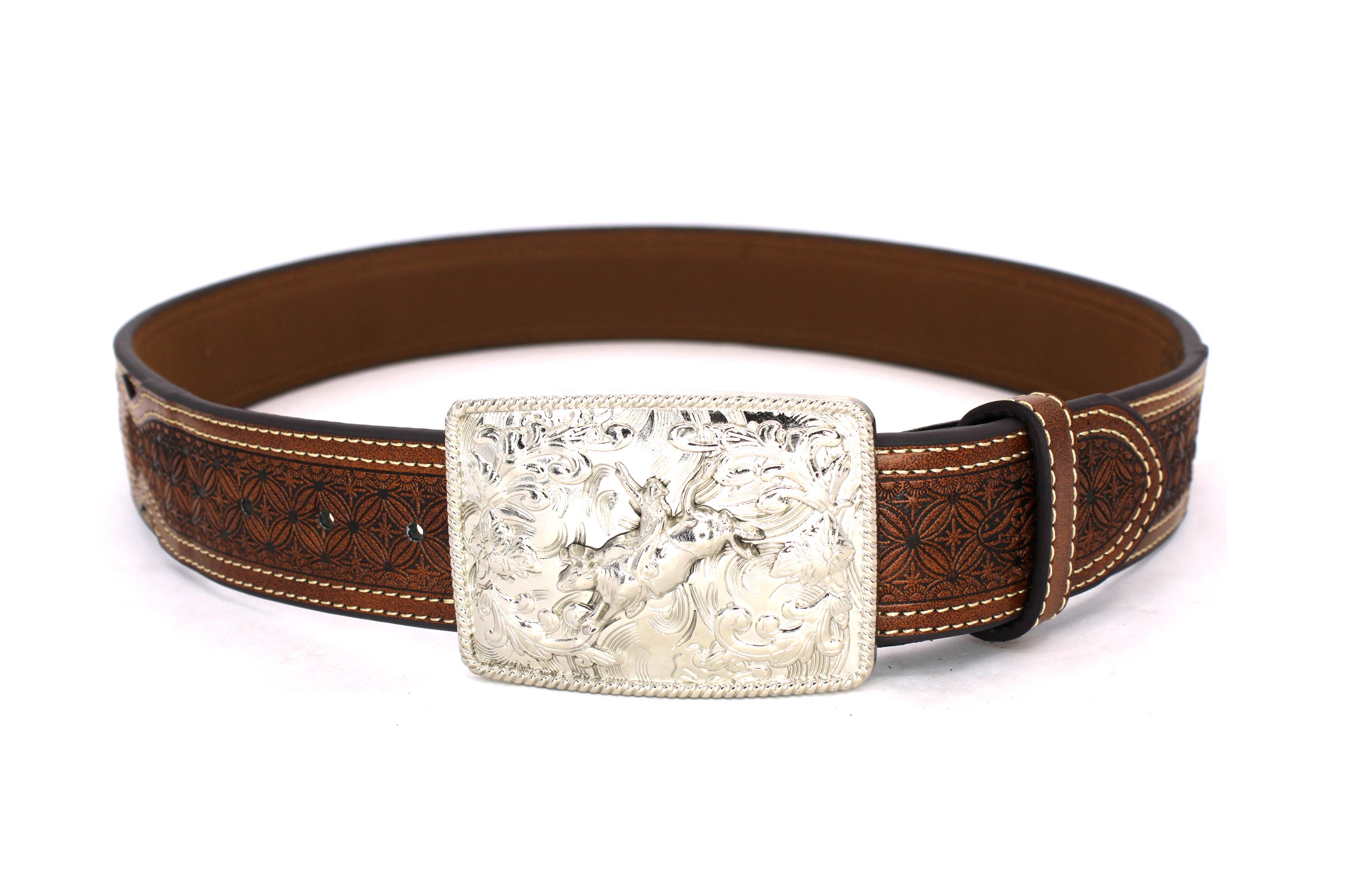 West Star Texas leather belt with bull ride buckle West Star Texas Western Belt Rhinestone Longhorn Bull Rider  main image 3