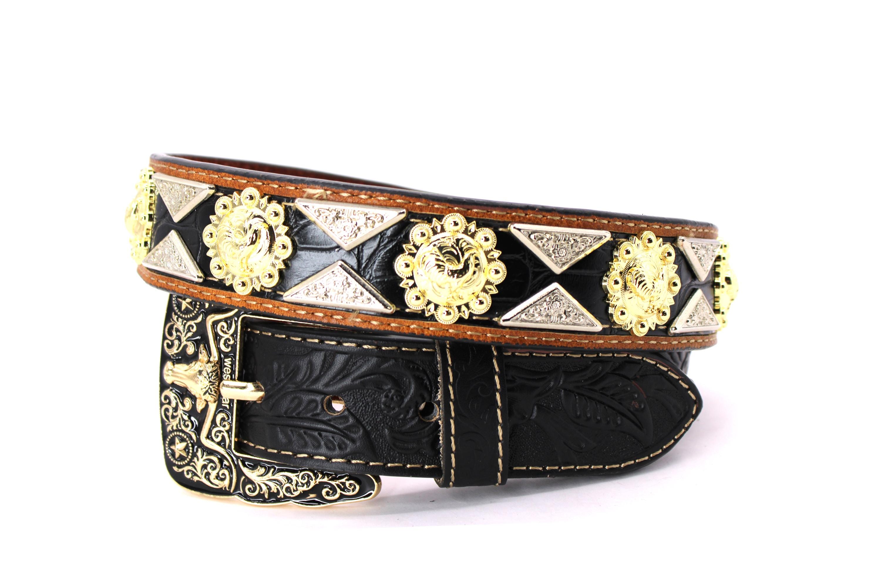 Western Leather Belt: Black, Gold & Silver Conchos, Longhorn