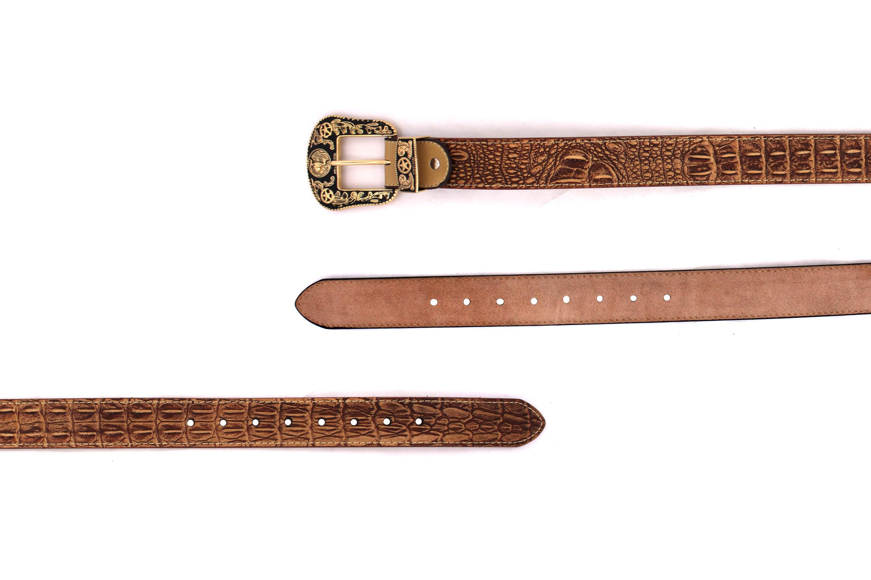 Western Belt: Genuine Leather Crocodile Embossed, Gold Bull  display picture 2